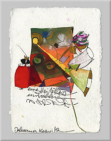 <span style="font-weight: bold">Eine Heiterkeit im Frühling</span><br />Johanna Kerwitz, ca. 11 x 15 cm, handgeschöpftes Papier, Seide, Mischtechnik